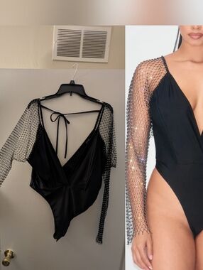 Black Mesh-Sleeve Bodysuit with Rhinestone Detail